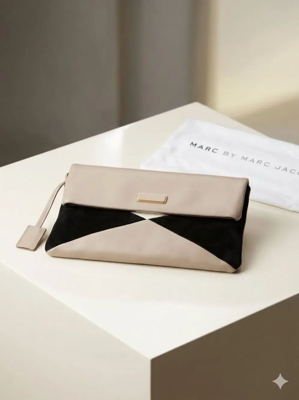 Marc Jacobs HVAC Colorblock Fold Over Clutch Purse Black Suede Beige Leather